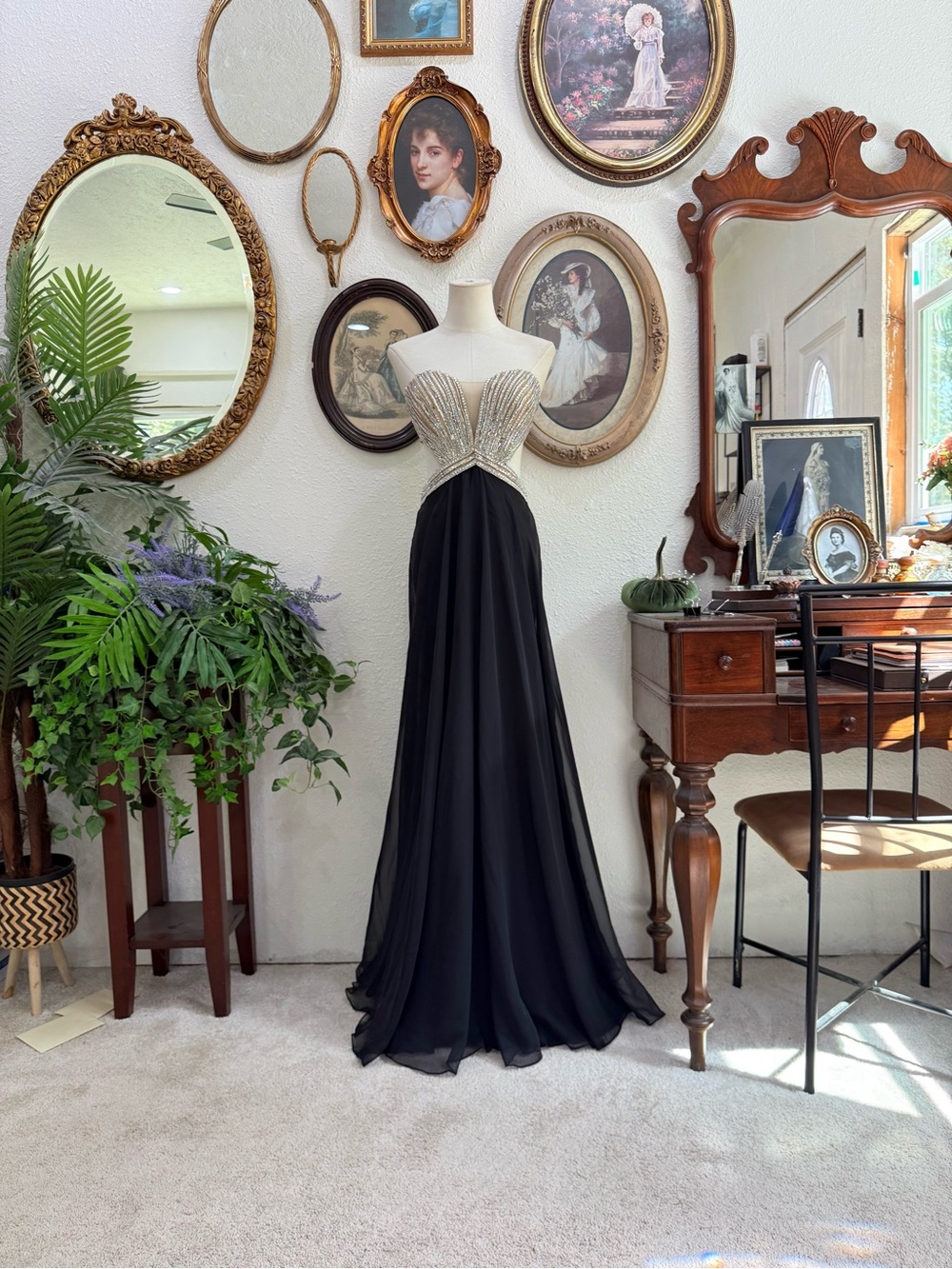 Strapless Beaded Bodice Black Evening Gown
